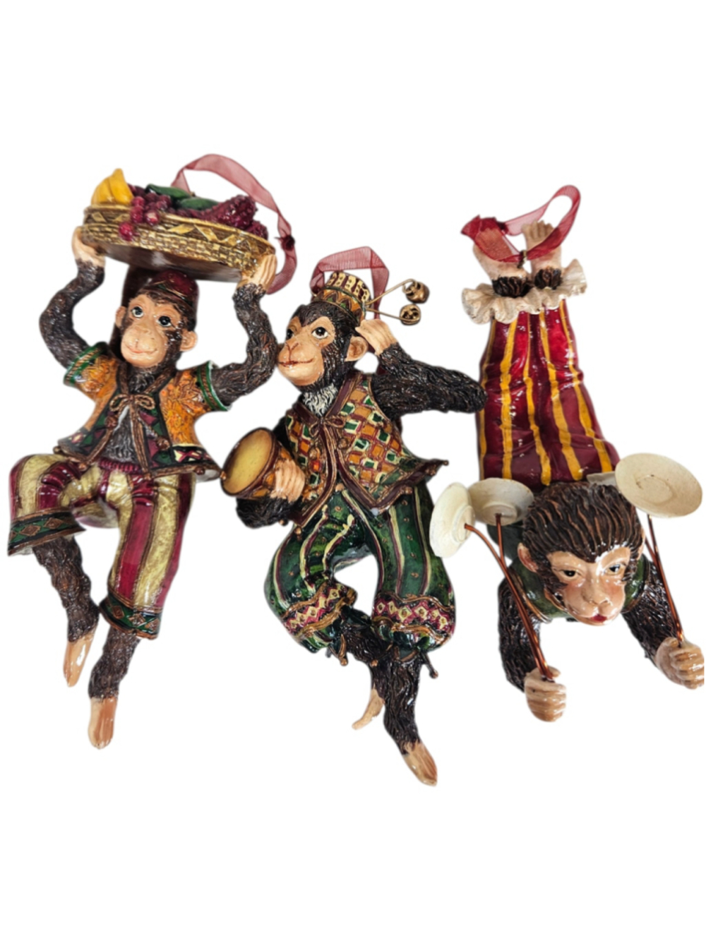 Whimsical Vintage Circus Monkey Acrobat Jester Ornament Trio Resin Holiday Decor